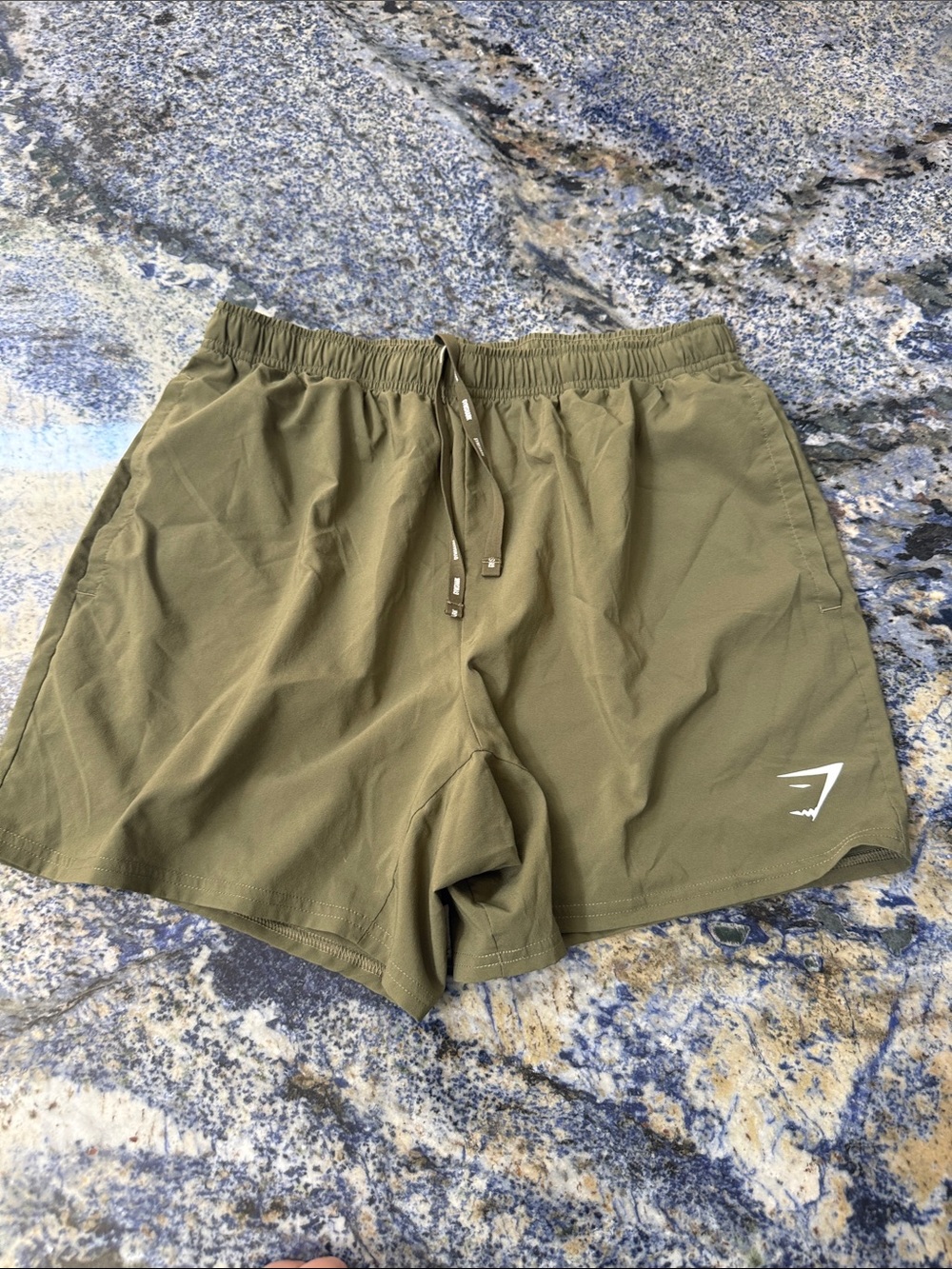Gymshark Olive Green Athletic Shorts with pockets and Branded Drawstring